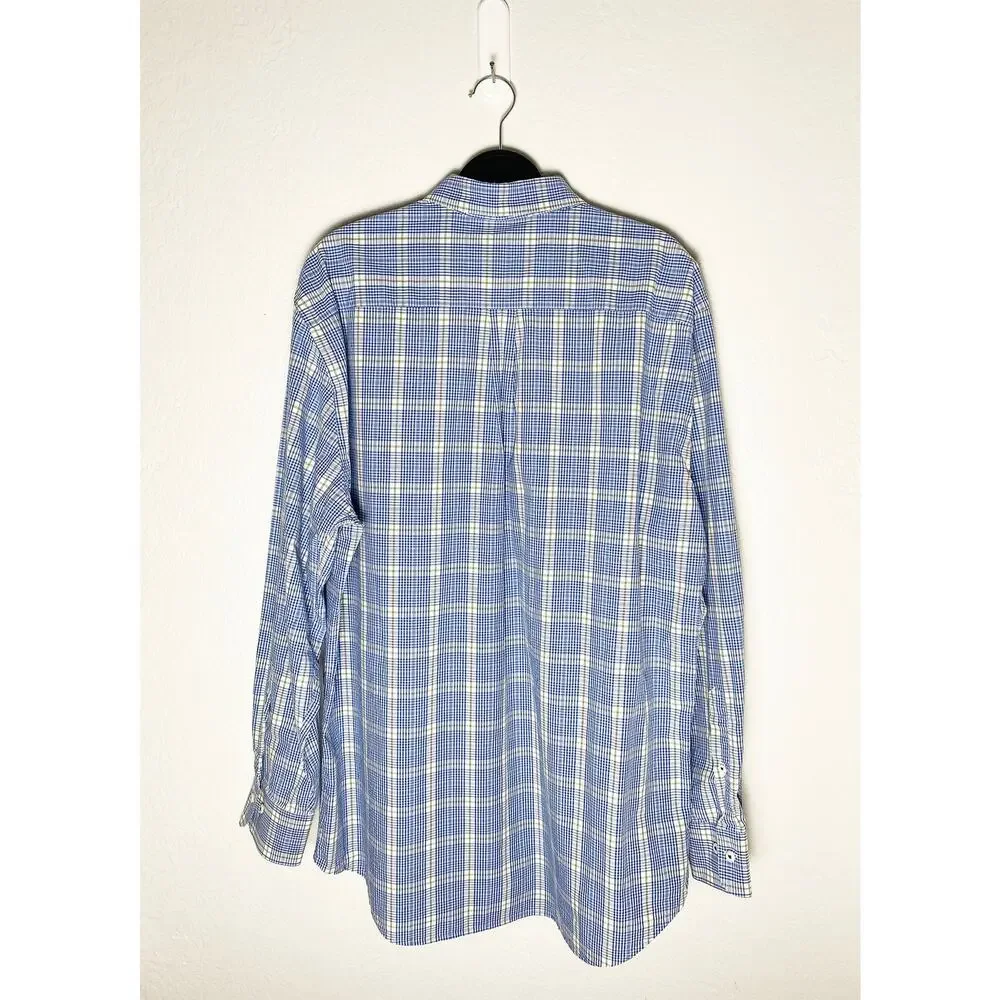Peter Millar Mens Long Sleeve Dress Shirt Blue White Green Plaid Check Cotton XL